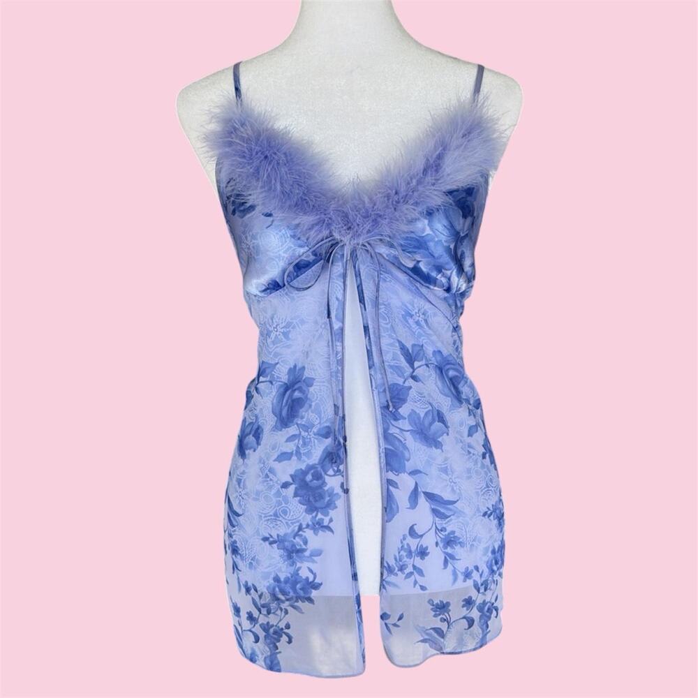 Blue floral satin slip dress with feather trim and tie front detail, size S